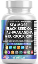 Load image into Gallery viewer, Sea Moss 3000mg Black Seed Oil 2000mg Ashwagandha 1000mg Turmeric 1000mg Bladderwrack 1000mg Burdock 1000mg &amp; Vitamin C &amp; D3 with Elderberry Manuka Dandelion Yellow Dock Iodine Chlorophyll ACV
